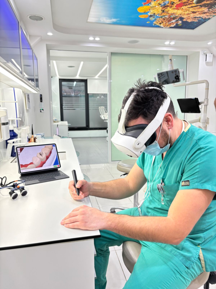 Immersive VR dental training environment with virtual teeth and dental instruments used for student practice.