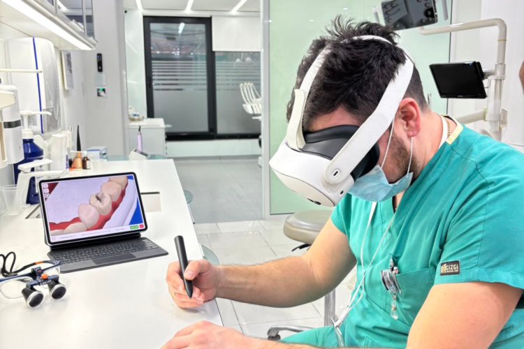 Immersive VR dental training environment with virtual teeth and dental instruments used for student practice.