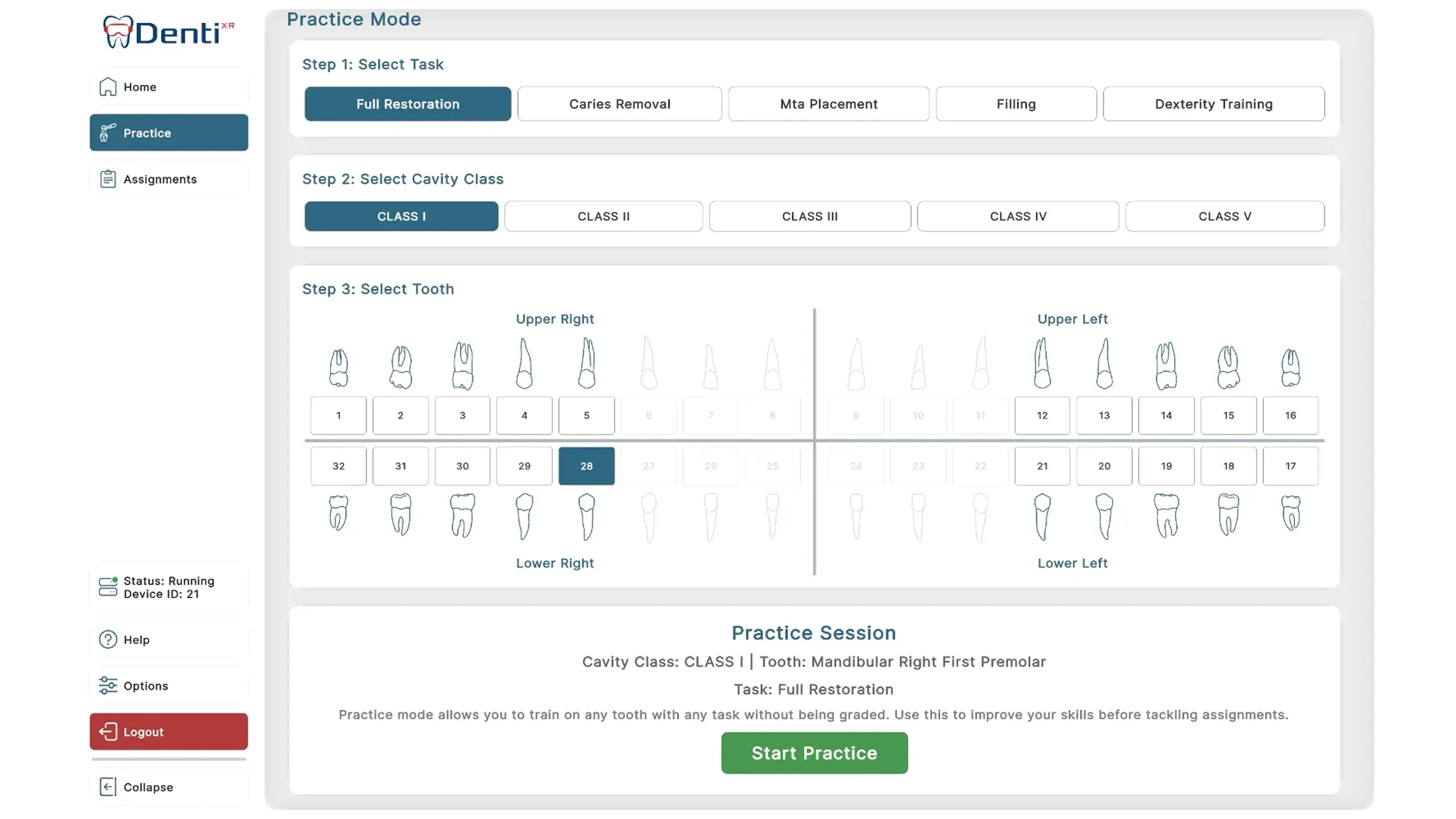 VR dental training dashboard showing student progress, performance scores, and completed modules.