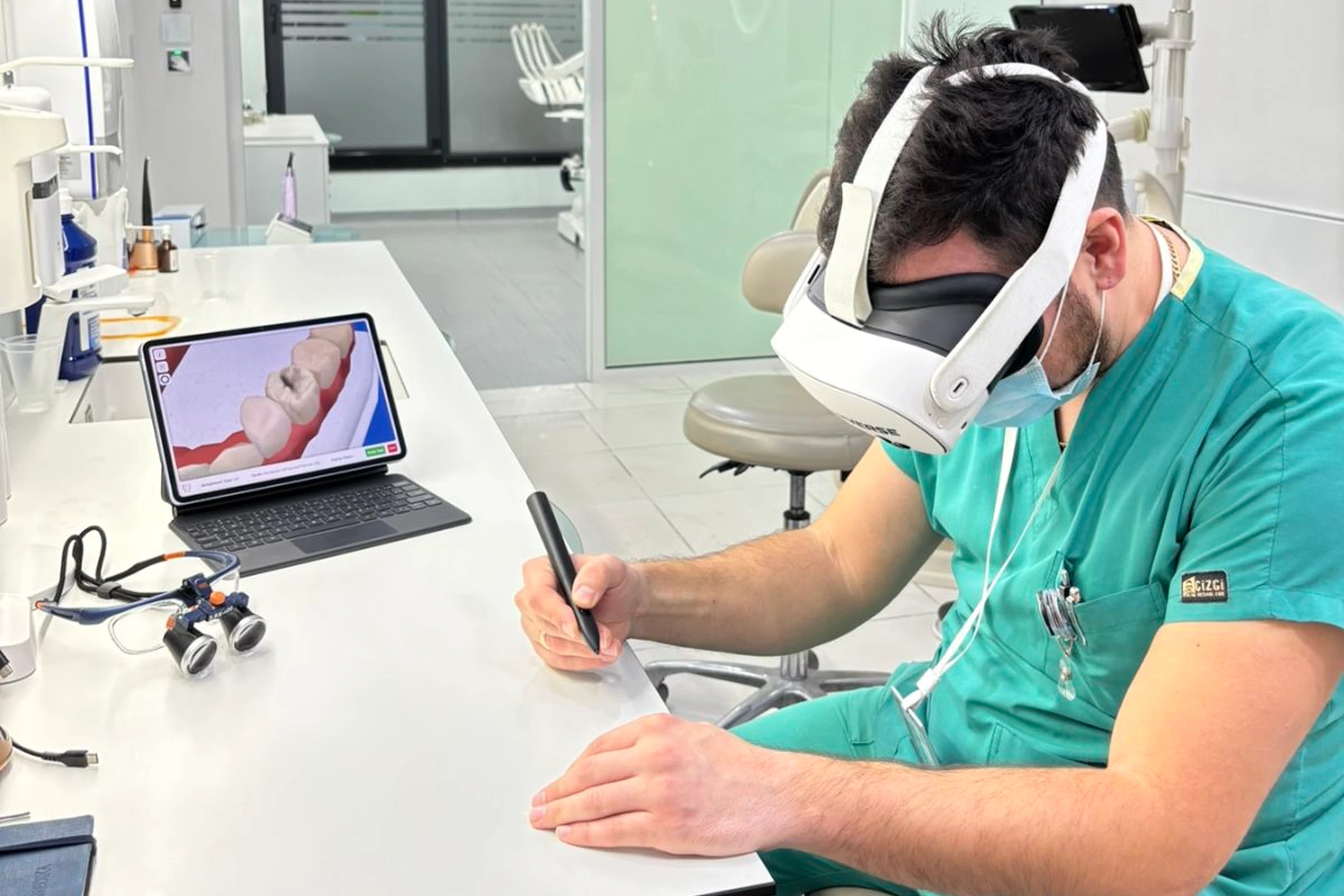 Immersive VR dental training environment with virtual teeth and dental instruments used for student practice.