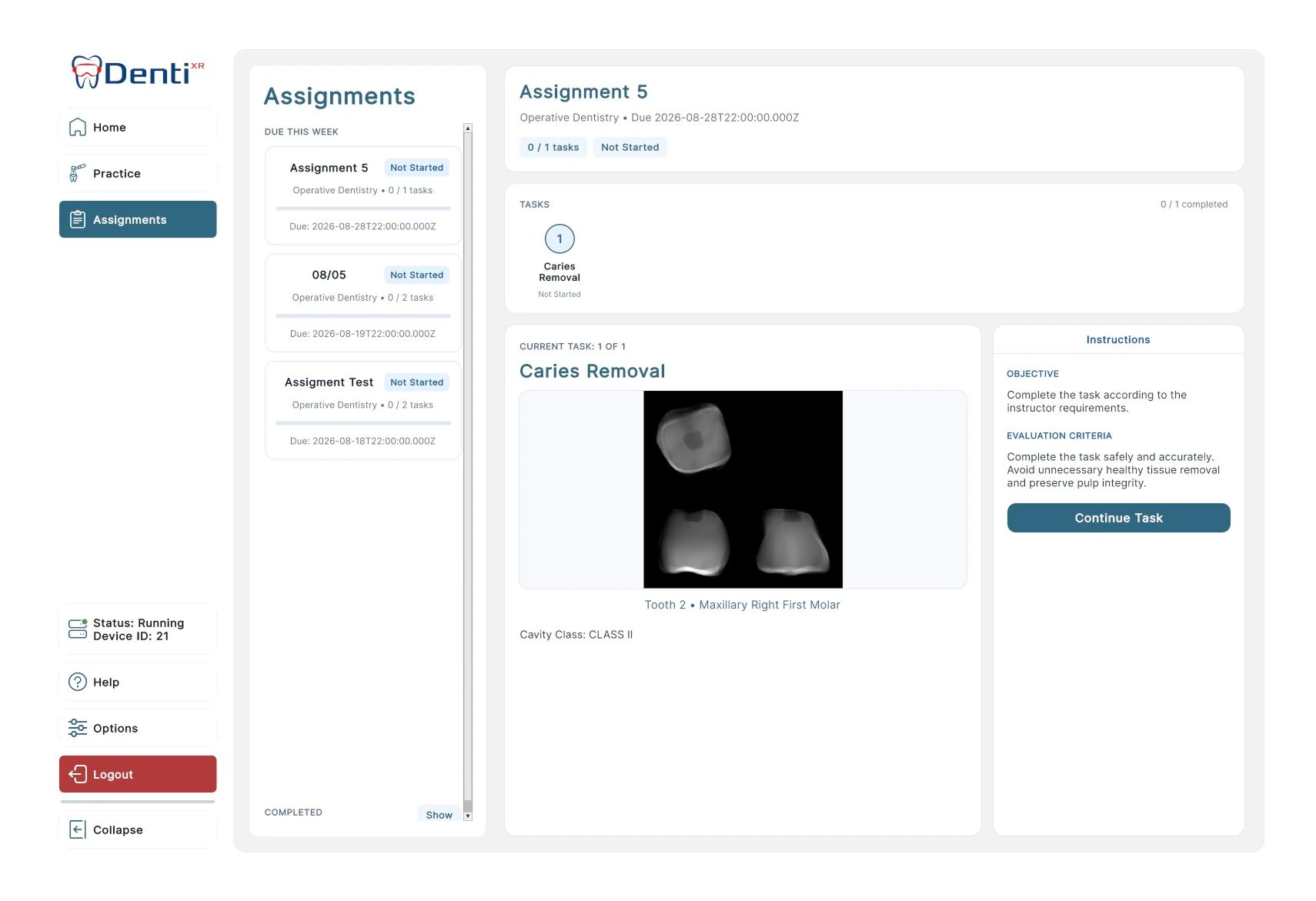 DentiXR dashboard displaying student training performance