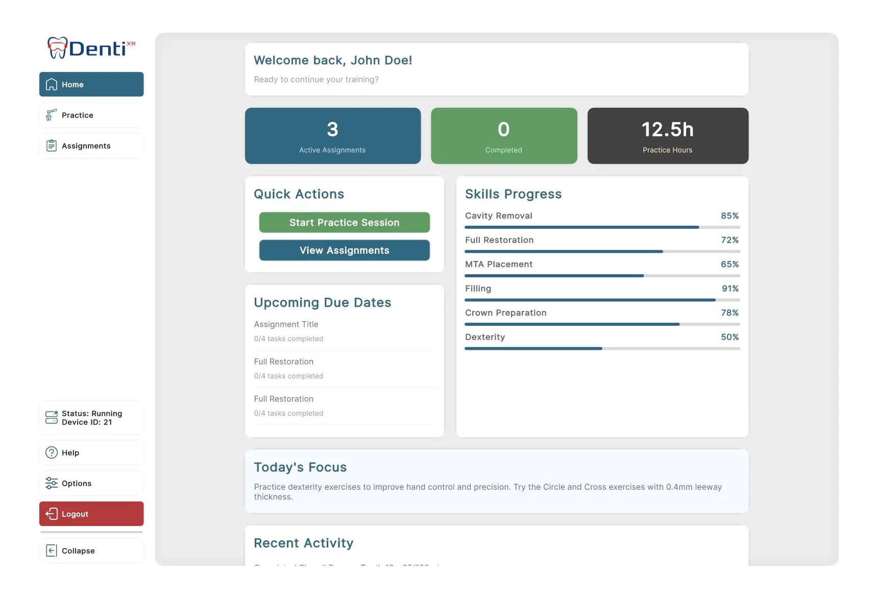 DentiXR control dashboard for configuring a practice session