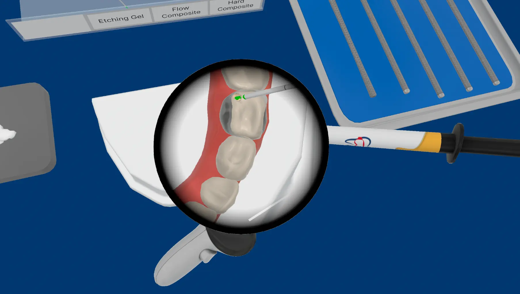 Composite placement with magnified tooth detail in the DentiXR simulator
