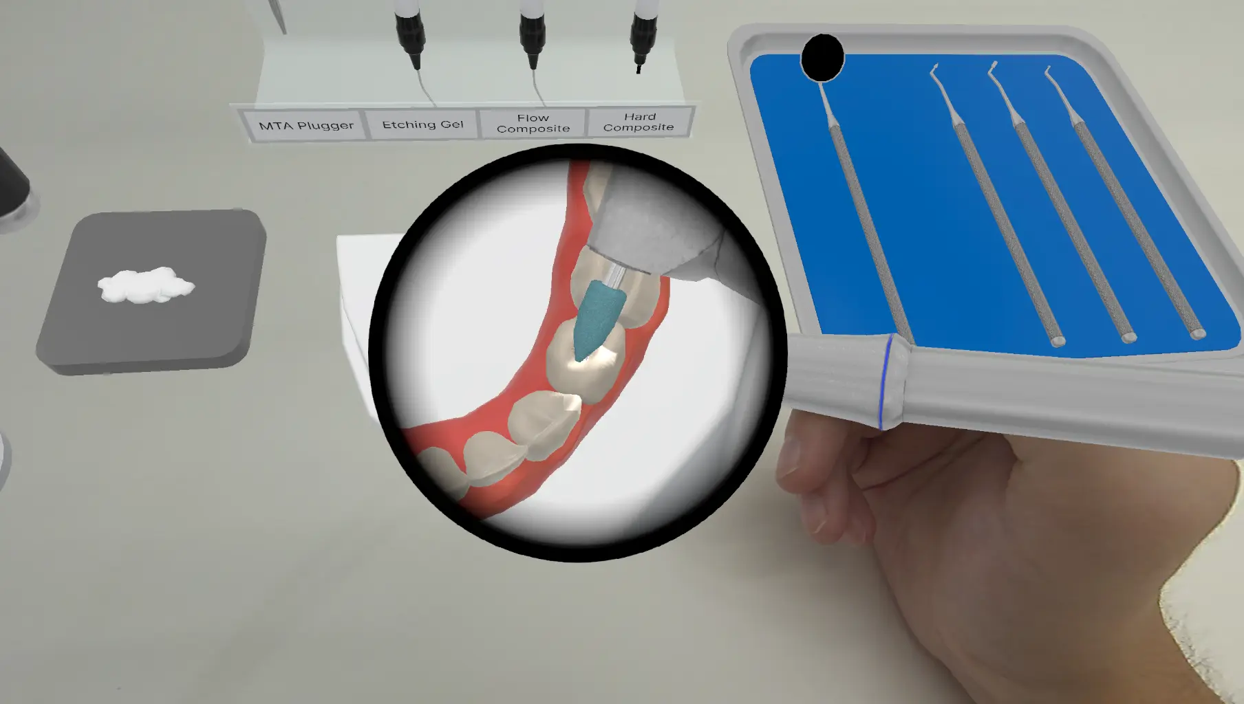 Detailed dental treatment view in the DentiXR simulator