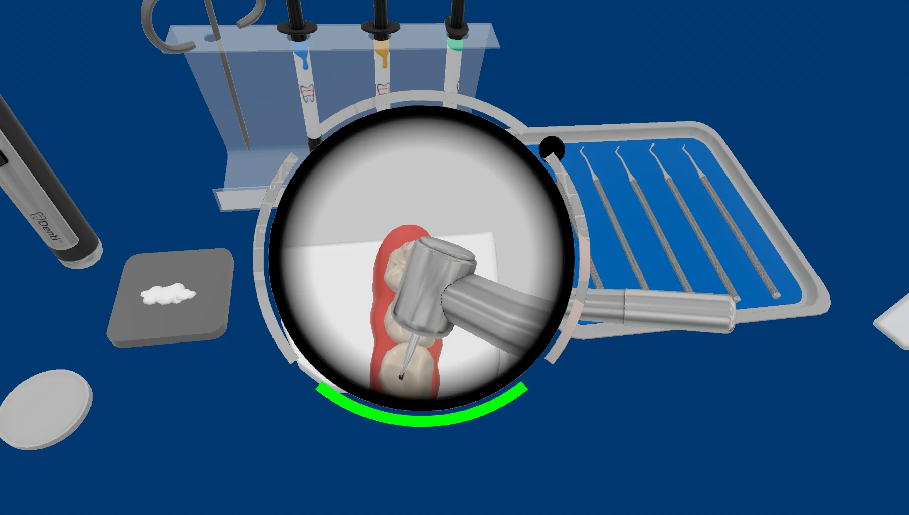Detailed dental treatment view in the DentiXR simulator
